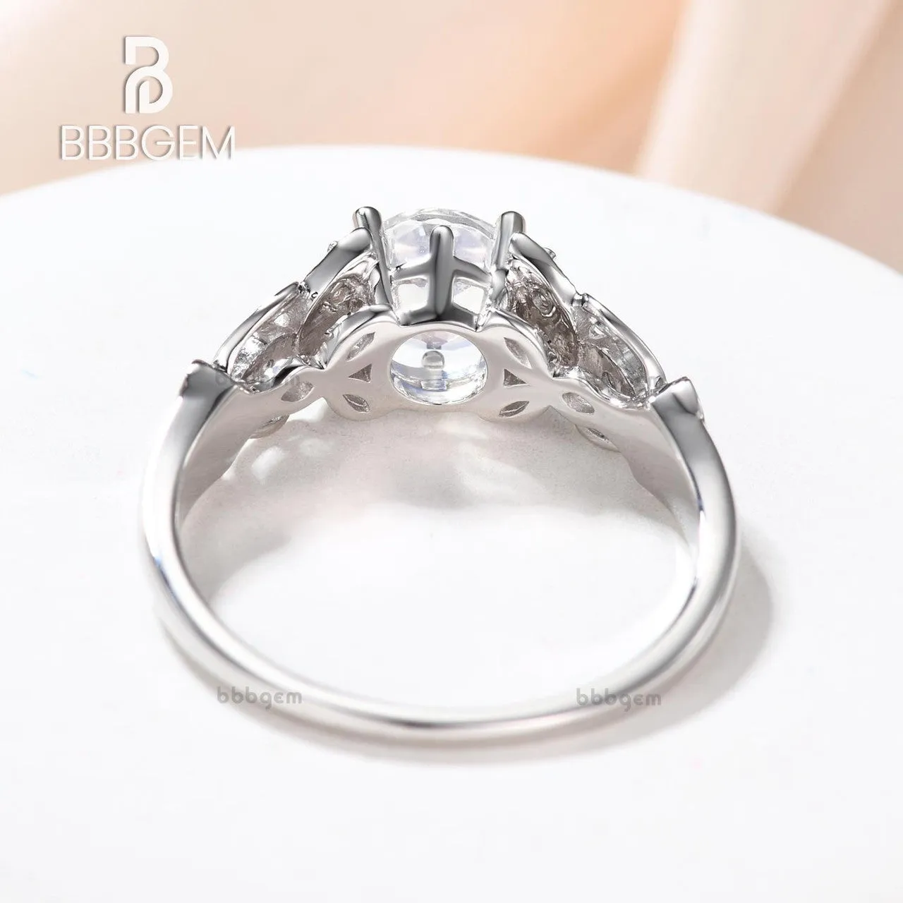 Round Moonstone Engagement Ring White Gold Diamond Floral Eternity Band Gift For Her