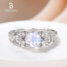 Round Moonstone Engagement Ring White Gold Diamond Floral Eternity Band Gift For Her