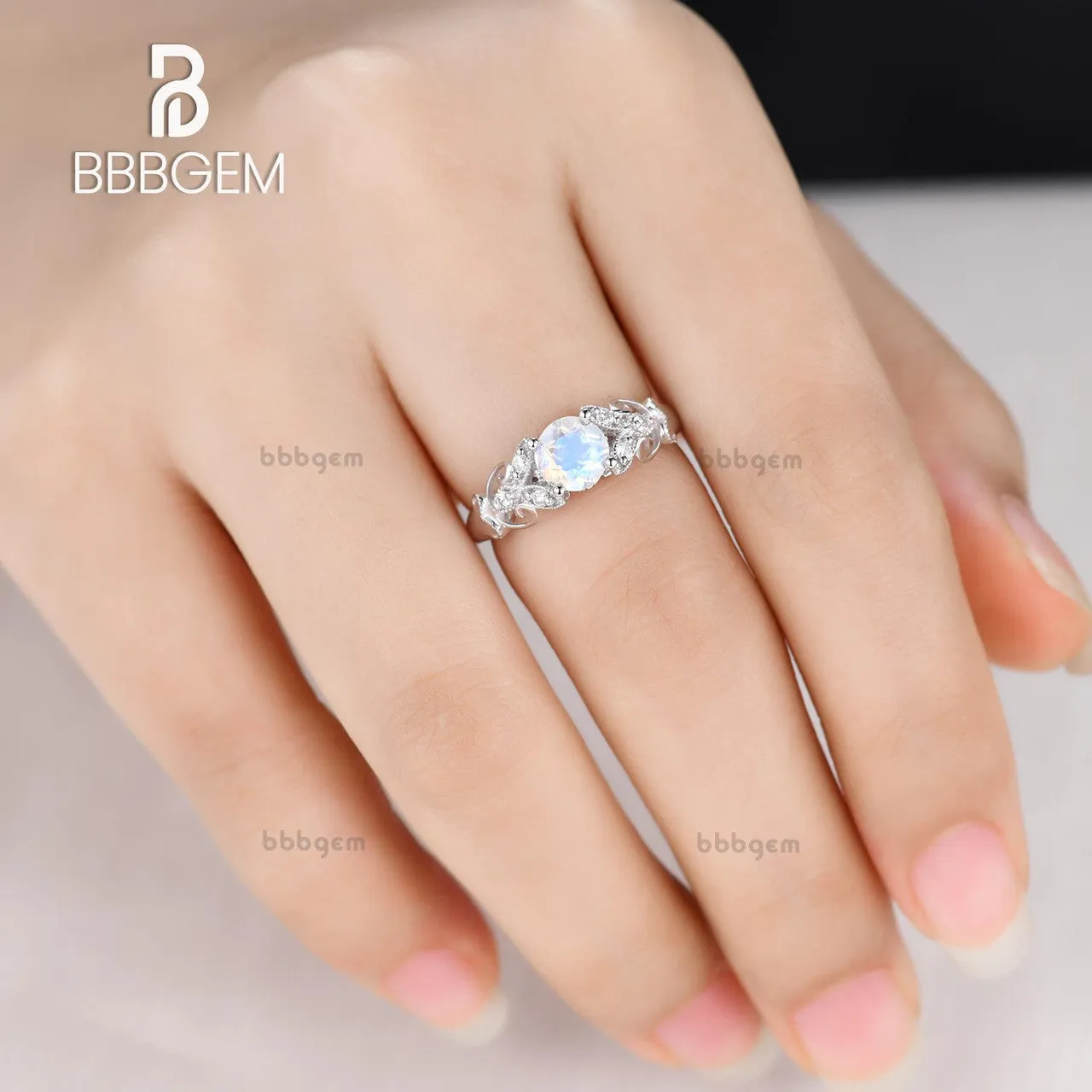 Round Moonstone Engagement Ring White Gold Diamond Floral Eternity Band Gift For Her