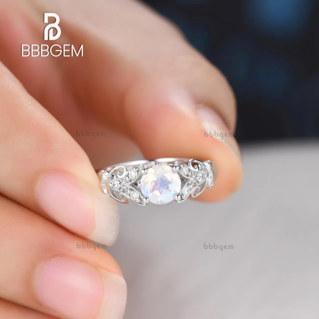 Round Moonstone Engagement Ring White Gold Diamond Floral Eternity Band Gift For Her