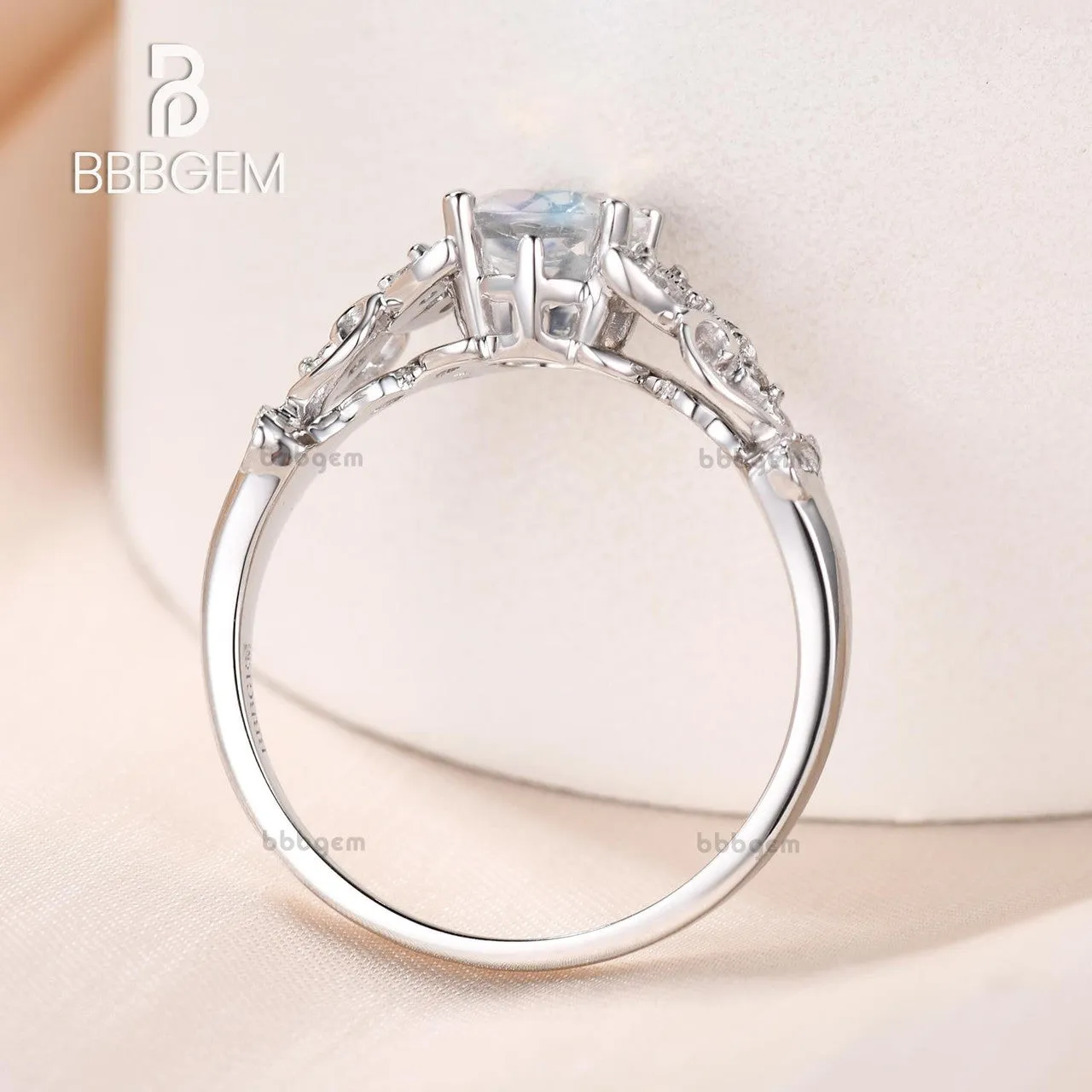 Round Moonstone Engagement Ring White Gold Diamond Floral Eternity Band Gift For Her