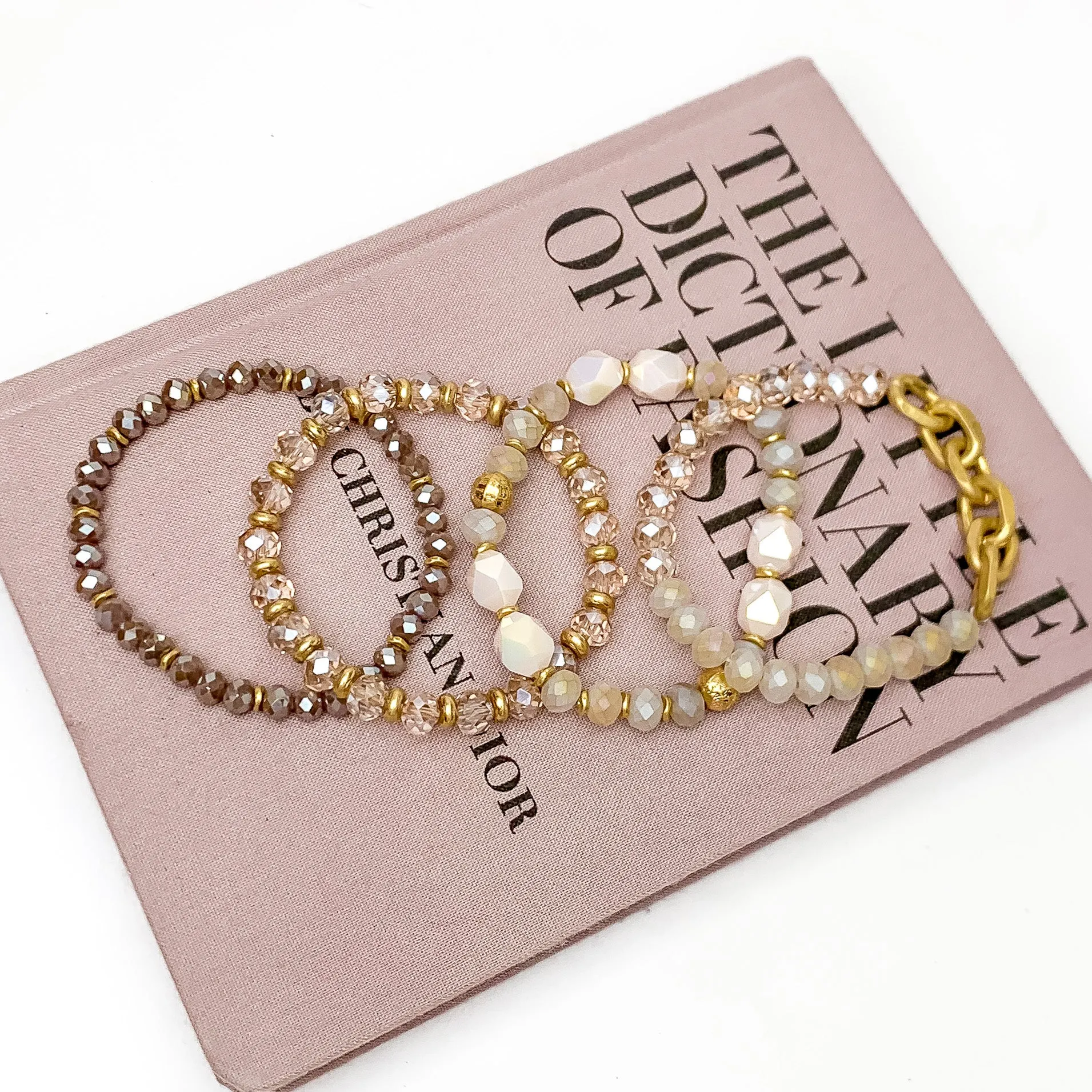 Set of Four | Glorious Gold Crystal Beaded Bracelet Set in Mauve Purple