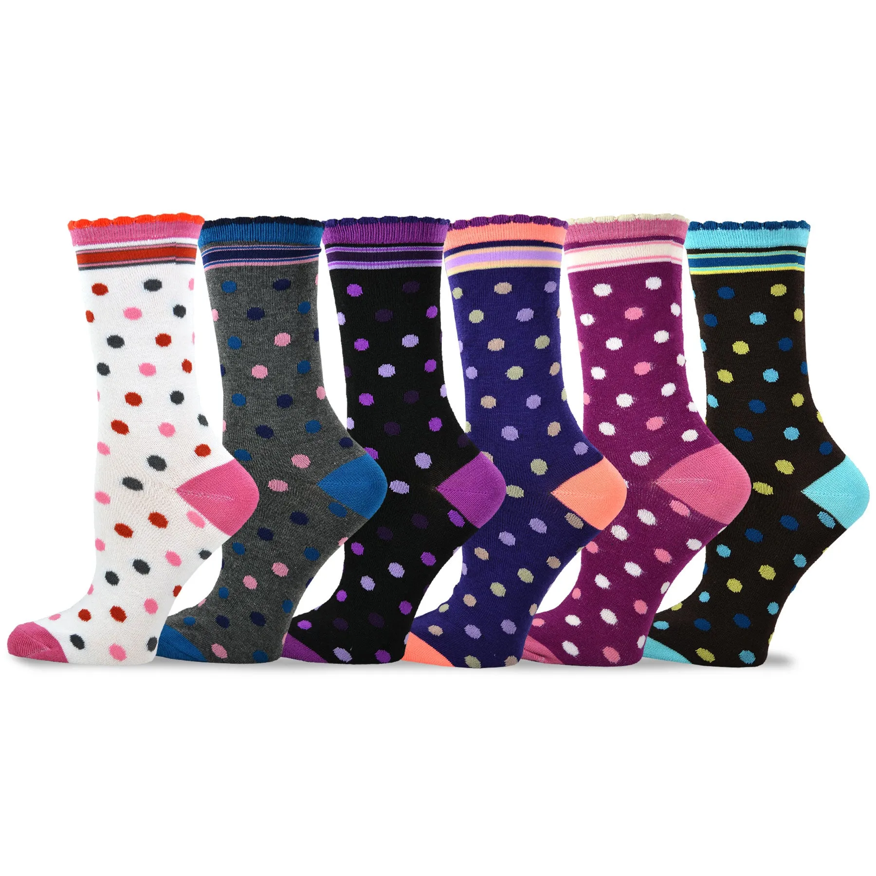 TeeHee Socks Women's Casual Polyester Crew Polka Dots Scallop 6-Pack (11637)