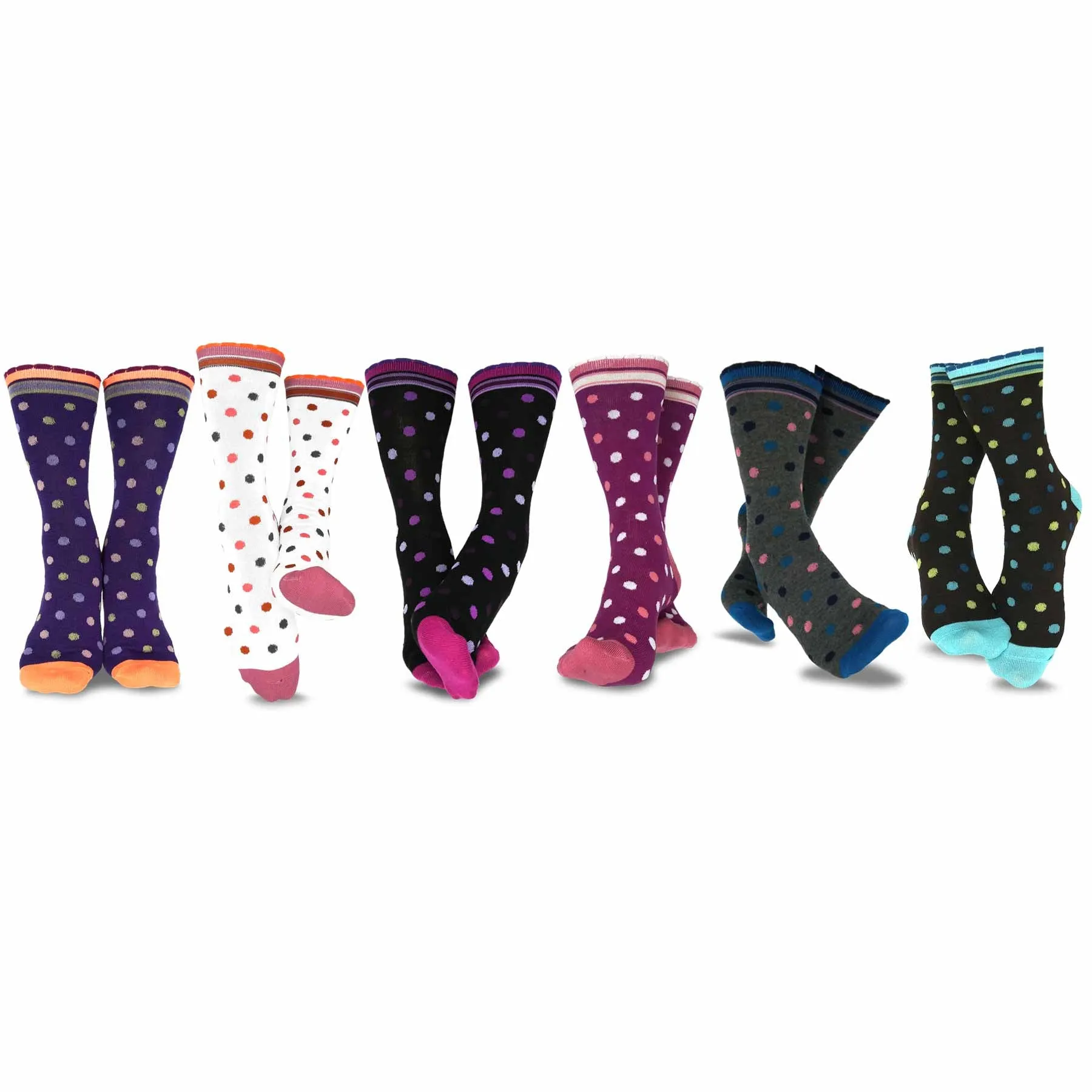 TeeHee Socks Women's Casual Polyester Crew Polka Dots Scallop 6-Pack (11637)