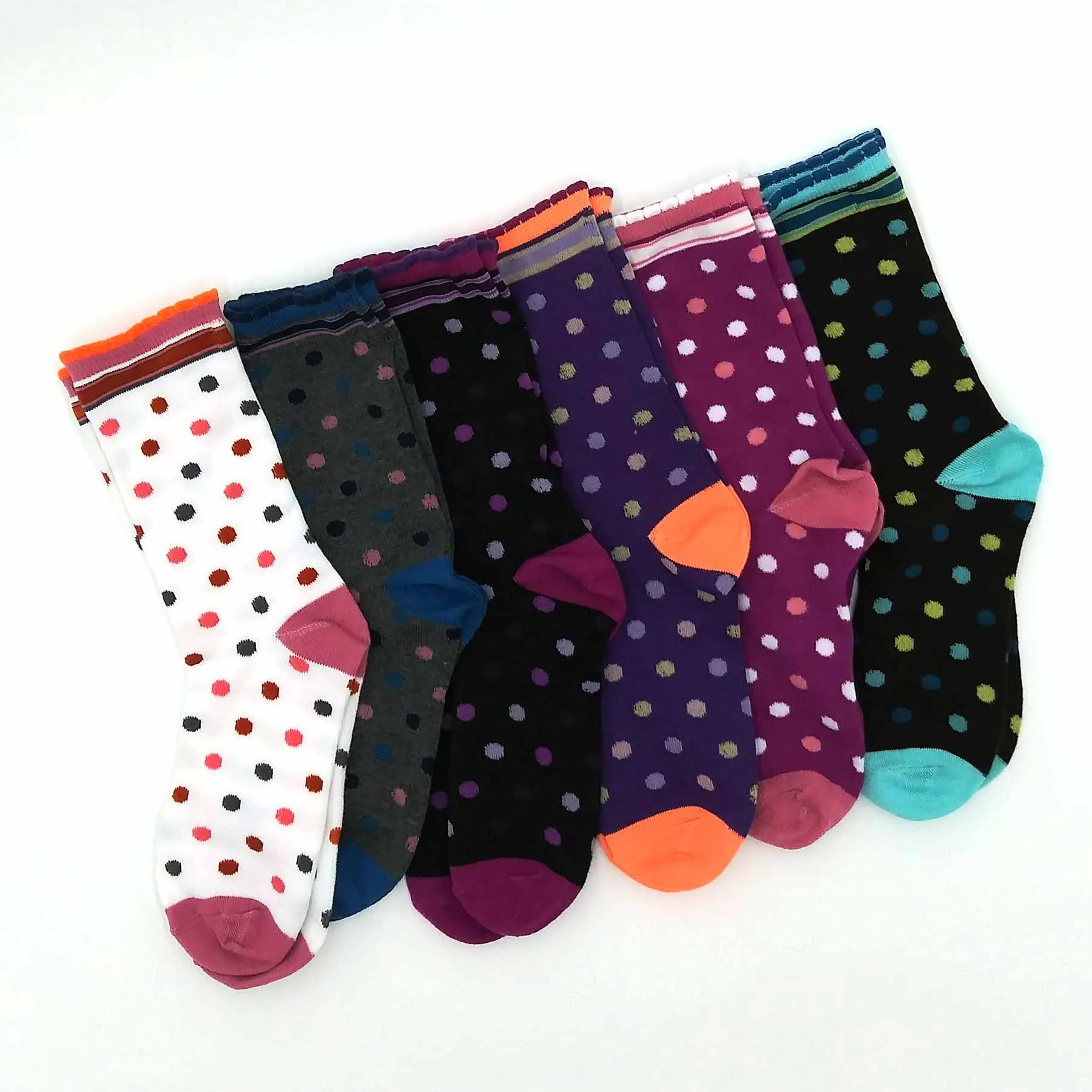 TeeHee Socks Women's Casual Polyester Crew Polka Dots Scallop 6-Pack (11637)