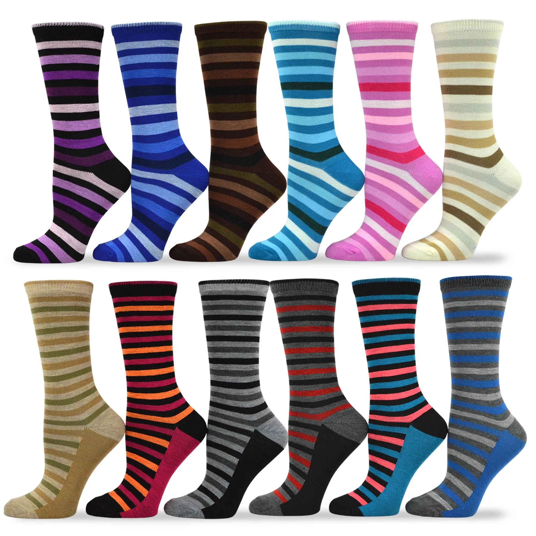 TeeHee Socks Women's Casual Polyester Crew This Stripe 12-Pack (1118894)