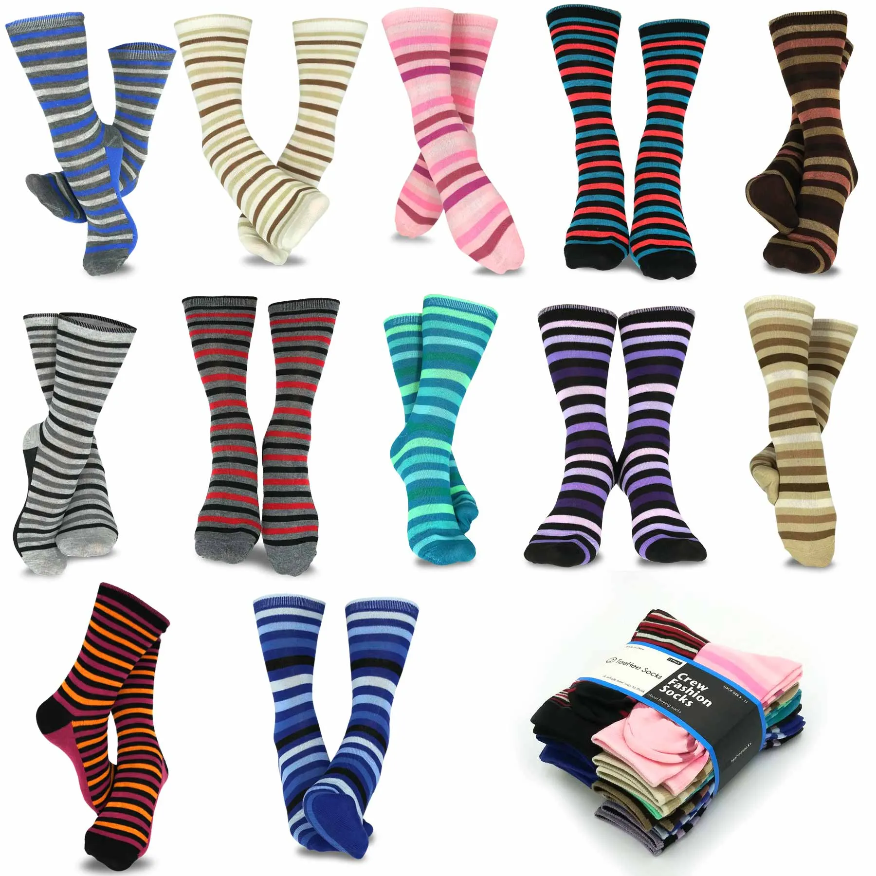 TeeHee Socks Women's Casual Polyester Crew This Stripe 12-Pack (1118894)