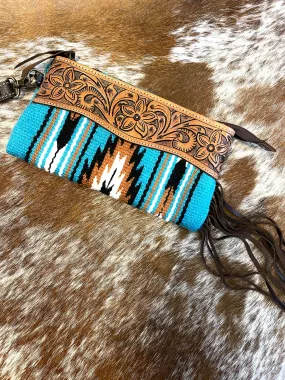 Turq Saddle Blanket Tassel Clutch with Brown Tooling Details