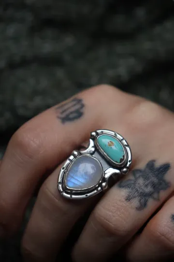 Turquoise And Rainbow Moonstone Half Moon Celestial Gothic Style Ring - 925 Solid Sterling Ring