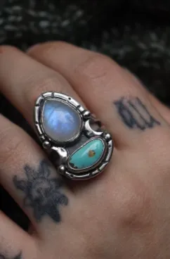 Turquoise And Rainbow Moonstone Half Moon Celestial Gothic Style Ring - 925 Solid Sterling Ring
