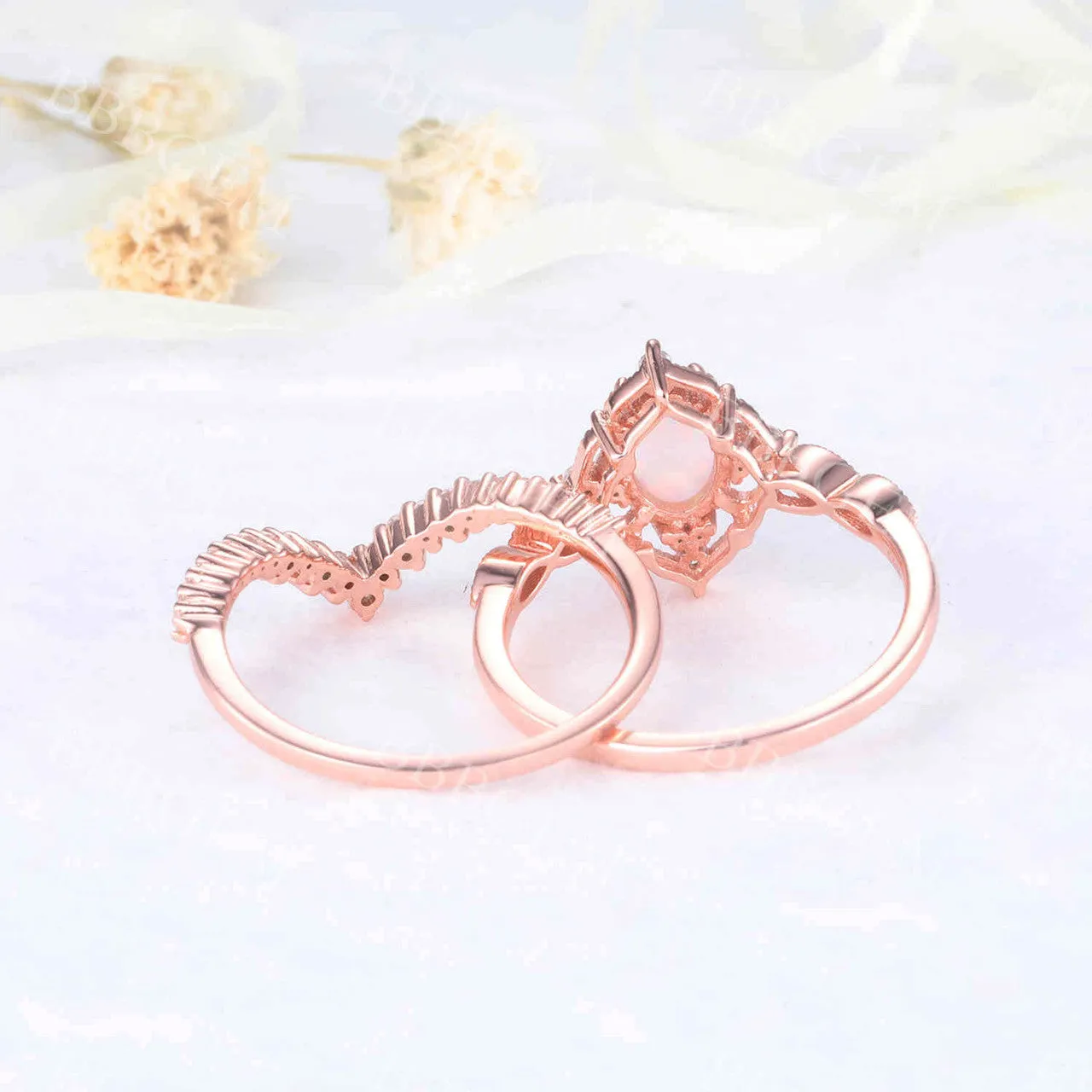 Unique Moonstone Engagement Ring Set Rose Gold Bridal Set Antique Art Deco Oval Moonstone Ring Milgrain Faceted Moonstone Ring