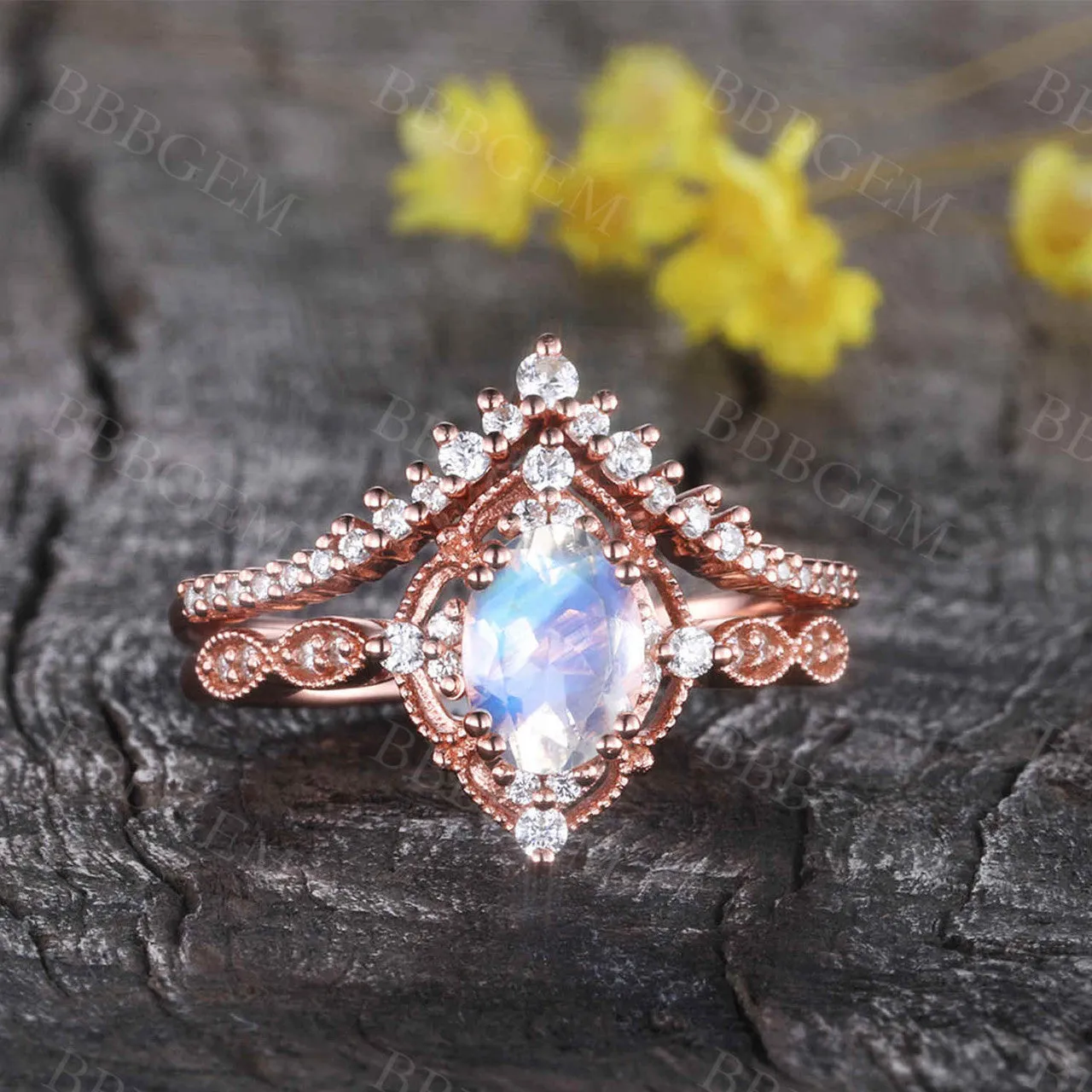 Unique Moonstone Engagement Ring Set Rose Gold Bridal Set Antique Art Deco Oval Moonstone Ring Milgrain Faceted Moonstone Ring