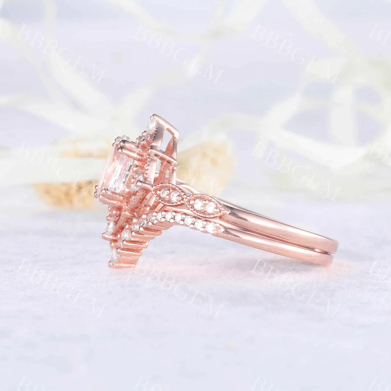 Unique Moonstone Engagement Ring Set Rose Gold Bridal Set Antique Art Deco Oval Moonstone Ring Milgrain Faceted Moonstone Ring