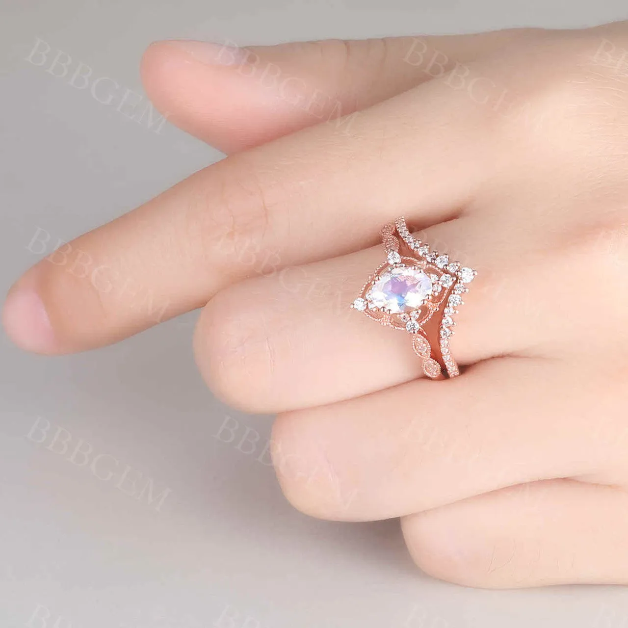 Unique Moonstone Engagement Ring Set Rose Gold Bridal Set Antique Art Deco Oval Moonstone Ring Milgrain Faceted Moonstone Ring