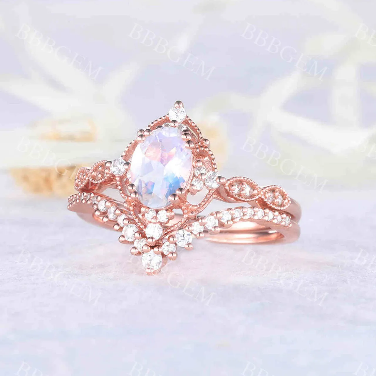 Unique Moonstone Engagement Ring Set Rose Gold Bridal Set Antique Art Deco Oval Moonstone Ring Milgrain Faceted Moonstone Ring