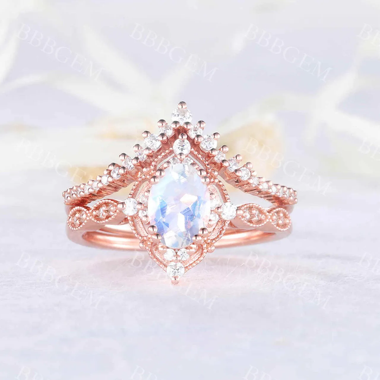Unique Moonstone Engagement Ring Set Rose Gold Bridal Set Antique Art Deco Oval Moonstone Ring Milgrain Faceted Moonstone Ring