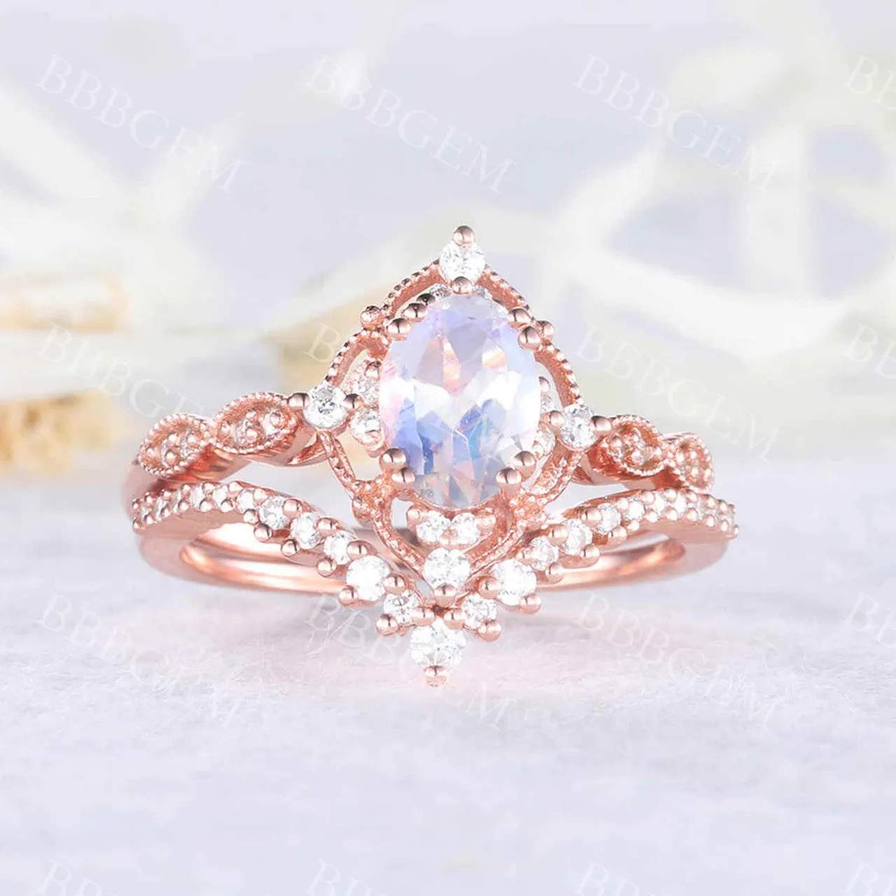 Unique Moonstone Engagement Ring Set Rose Gold Bridal Set Antique Art Deco Oval Moonstone Ring Milgrain Faceted Moonstone Ring