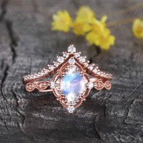 Unique Moonstone Engagement Ring Set Rose Gold Bridal Set Antique Art Deco Oval Moonstone Ring Milgrain Faceted Moonstone Ring