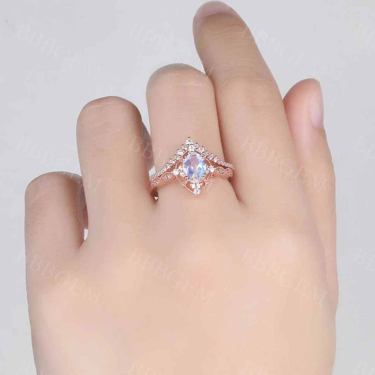 Unique Moonstone Engagement Ring Set Rose Gold Bridal Set Antique Art Deco Oval Moonstone Ring Milgrain Faceted Moonstone Ring