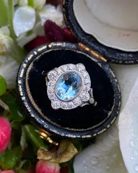 Victorian Aquamarine and Diamond Cluster Platinum Ring 0.35ct   1.0ct