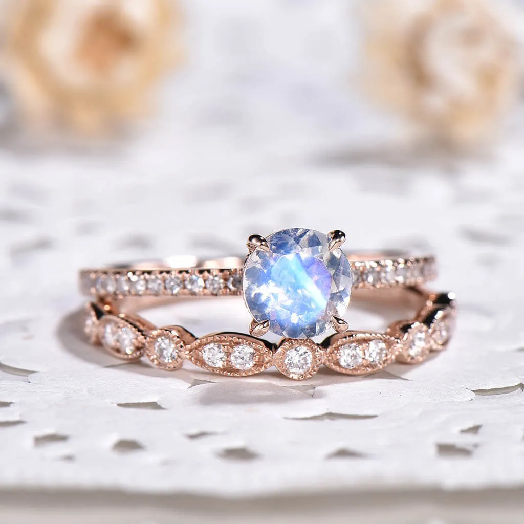 Vintage Rainbow Moonstone Diamond Rose Gold Engagement Ring Set 2pcs