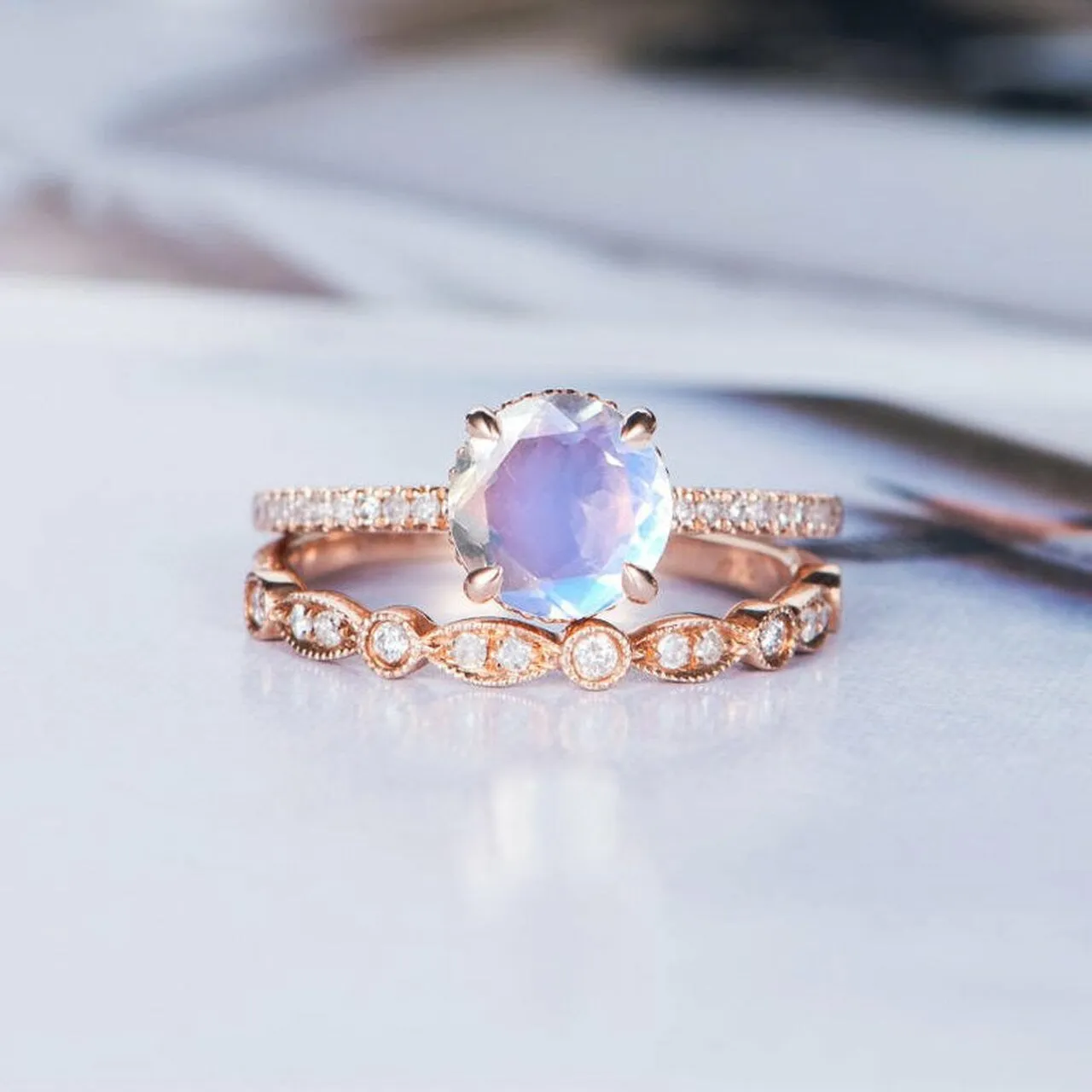 Vintage Rainbow Moonstone Diamond Rose Gold Engagement Ring Set 2pcs