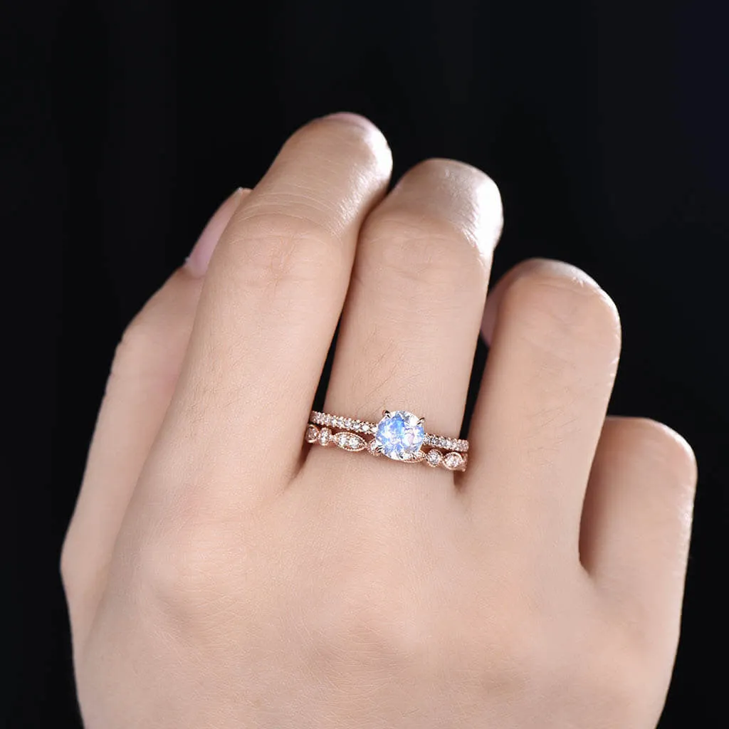 Vintage Rainbow Moonstone Diamond Rose Gold Engagement Ring Set 2pcs