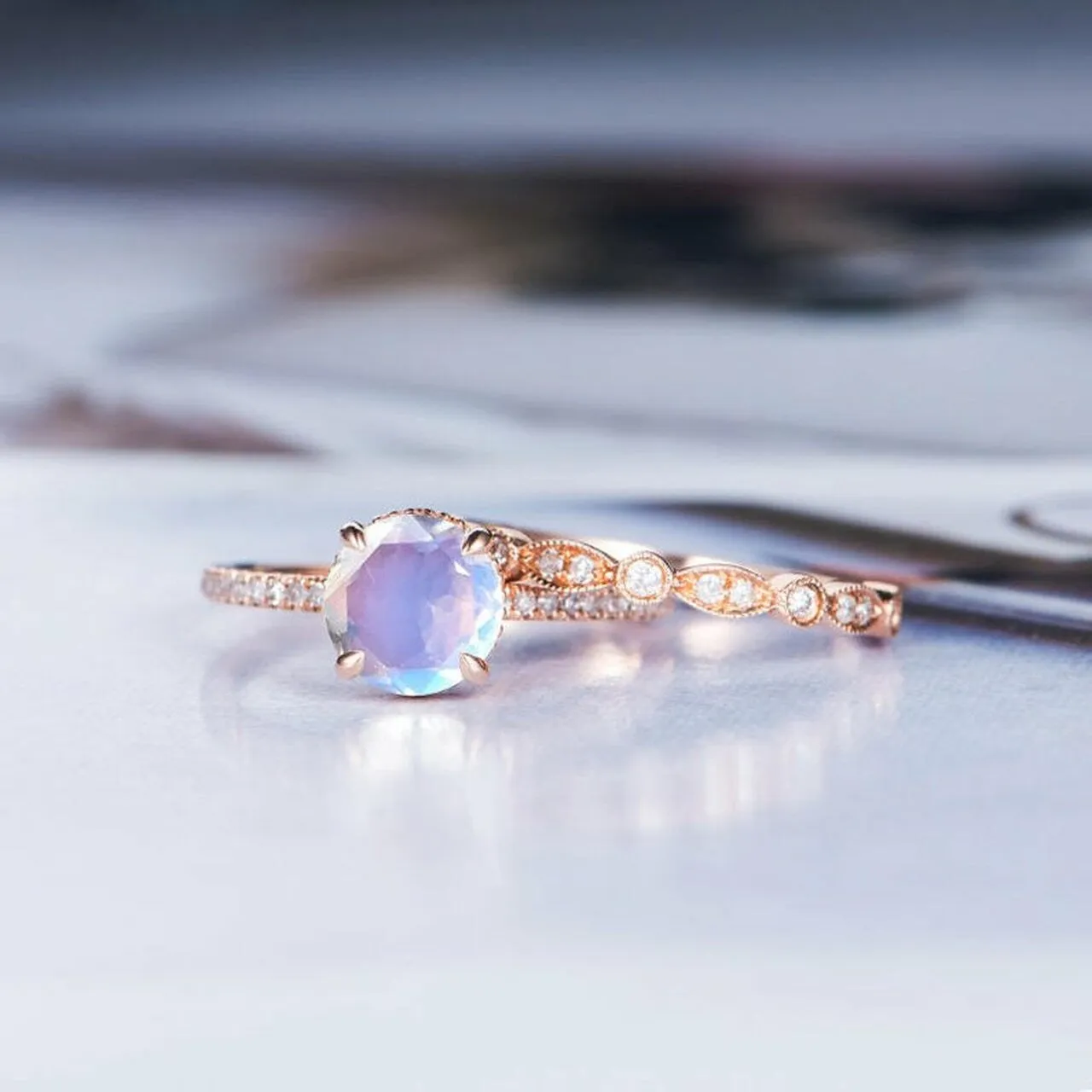 Vintage Rainbow Moonstone Diamond Rose Gold Engagement Ring Set 2pcs