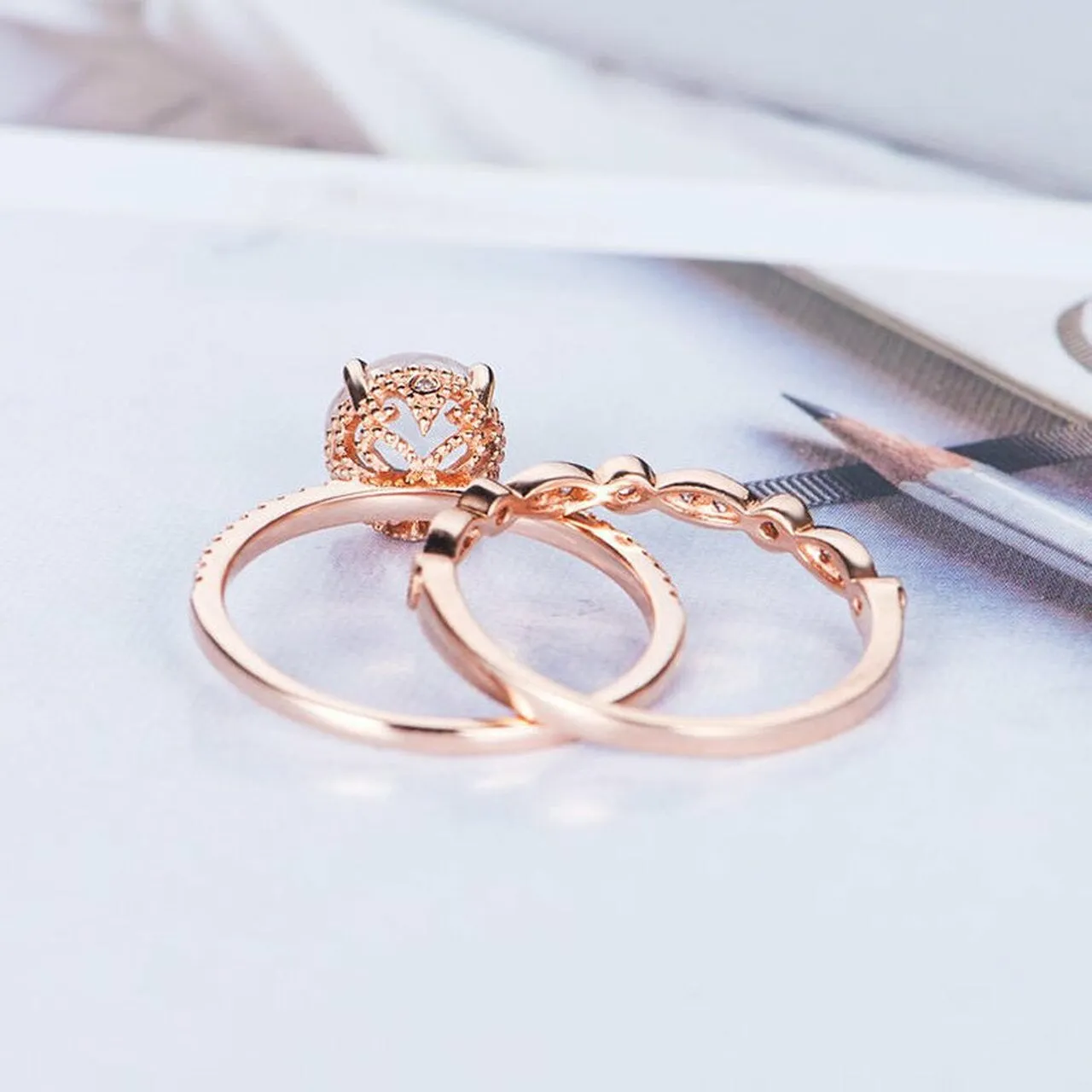 Vintage Rainbow Moonstone Diamond Rose Gold Engagement Ring Set 2pcs