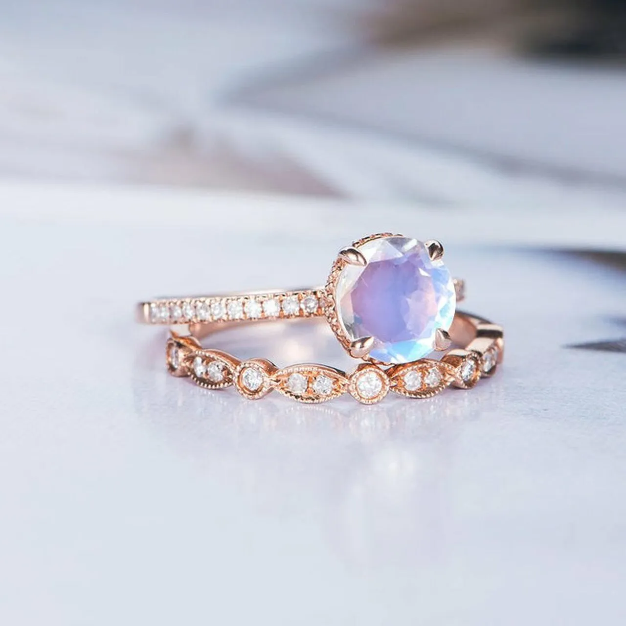 Vintage Rainbow Moonstone Diamond Rose Gold Engagement Ring Set 2pcs